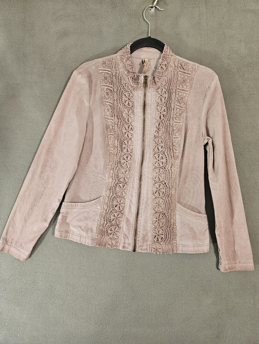 XCVI Womens Large Cardigan Full Zip Lace Overlay Boho Dusty Rose Lightweight